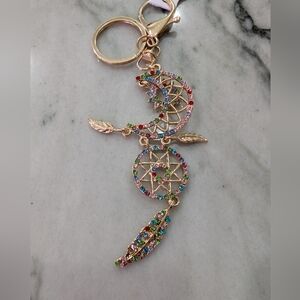 Gold-Tone Multicolor Crystal Moon & Dreamcatcher Pendant Keychain Bag Charm